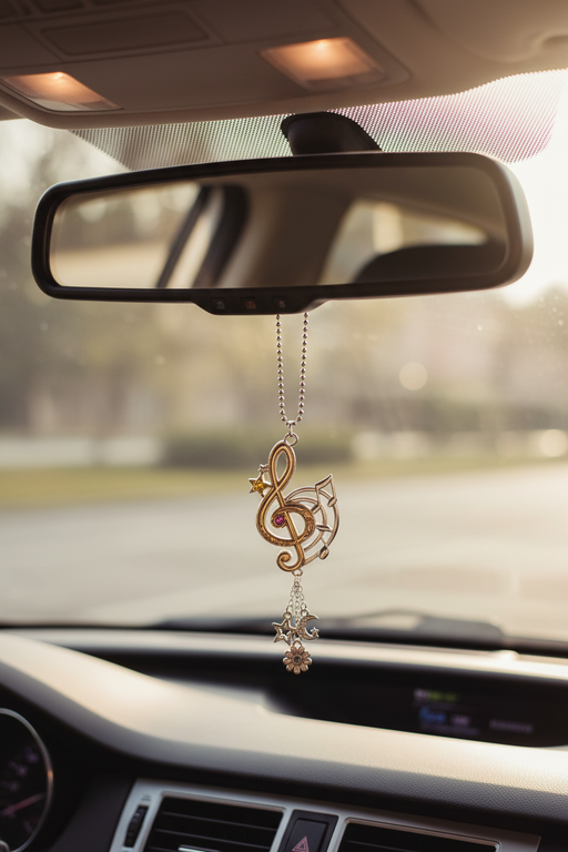 A gold-toned treble clef car hanging ornament with a small star and crystal-like charm, suspended from a rearview mirror inside a car.