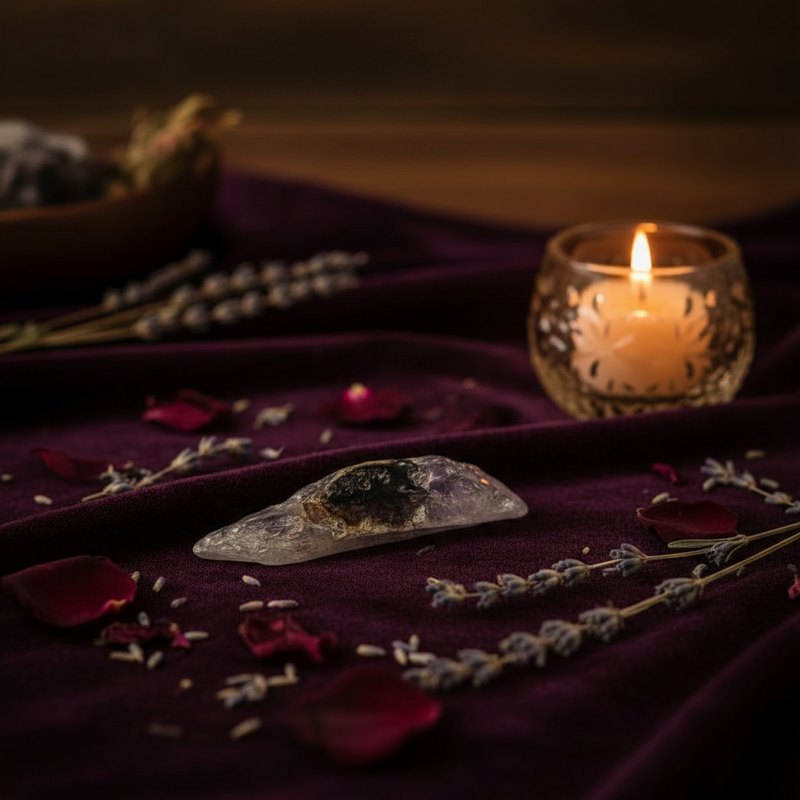 A polished crystal cluster with a dark central inclusion rests on draped deep purple fabric, surrounded by scattered rose petals, lavender sprigs, and a lit glass candle holder in a softly blurred warm setting.