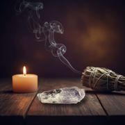 A raw purple amethyst crystal resting on a dark wooden table next to a lit orange candle and a white sage smudge bundle with smoke curling upwards against a dark, warm background.