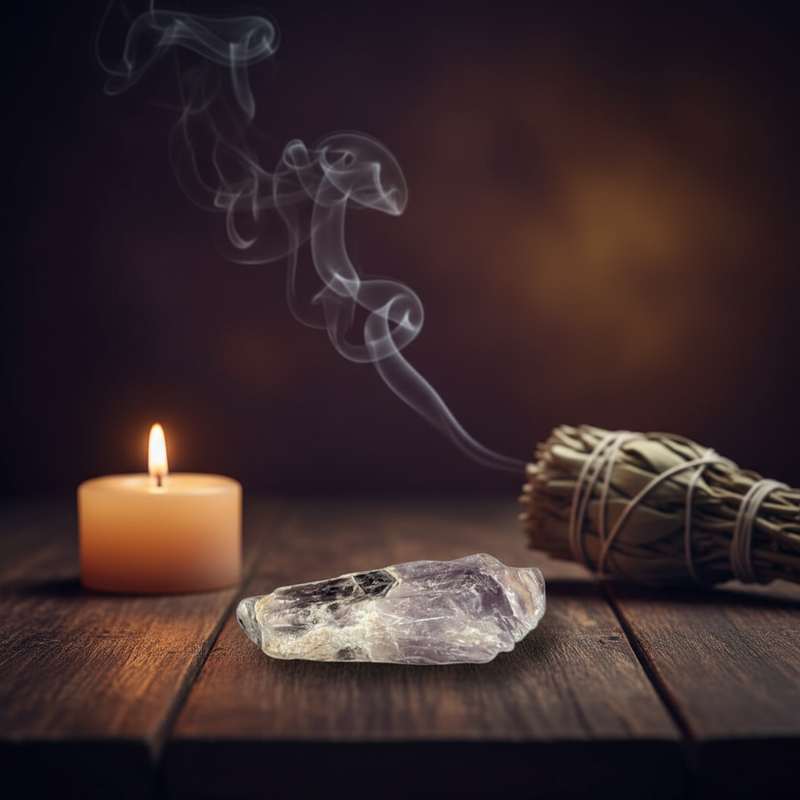 A raw purple amethyst crystal resting on a dark wooden table next to a lit orange candle and a white sage smudge bundle with smoke curling upwards against a dark, warm background.