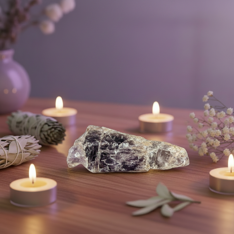 A amethyst crystal with a natural rough texture, showing deep purple and light lavender tones, set against a plain white background with a soft drop shadow.