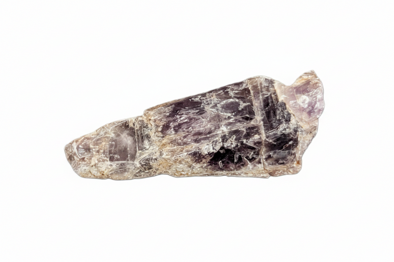 Amethyst crystal with natural inclusions, displayed on a solid white background.