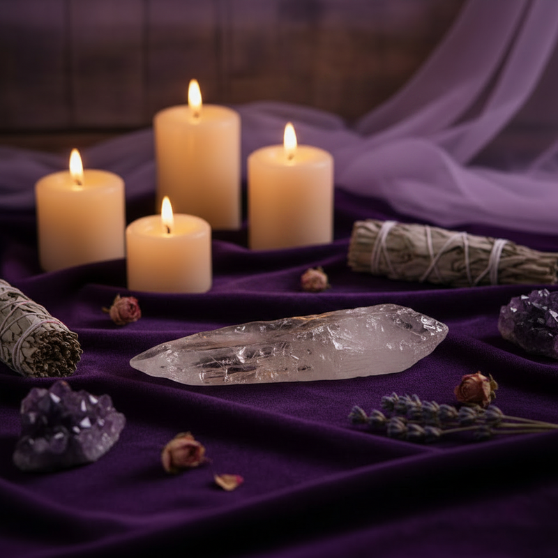 A styled altar-like arrangement with four lit white pillar candles, two white sage smudge bundles, a amethyst shard, dried lavender sprigs, and a clear pointed crystal resting on draped purple fabric.