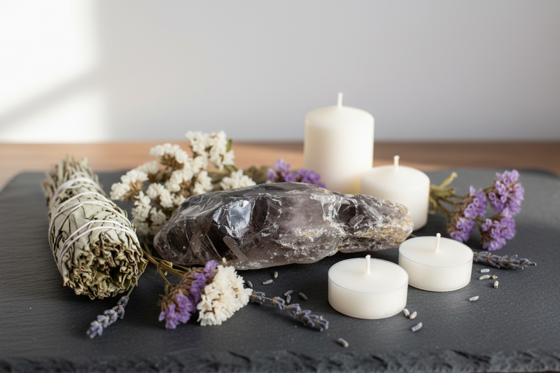 A styled arrangement of natural and spa-inspired items on a dark slate tray: a sage bundle tied with string, a smooth polished amethyst, dried white flowers, lavender sprigs, and three white pillar candles against a soft neutral background.