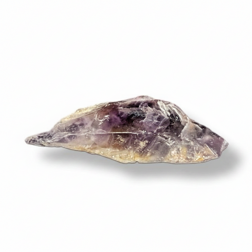 A raw, unpolished amethyst crystal, showing shades of purple, lavender, and clear quartz, displayed on a clean white background with a soft drop shadow.