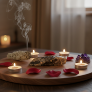 A wooden tray holds a smudging bundle, a polished stone, red rose petals, tealight candles, and crystals in a softly lit room with smoke rising.