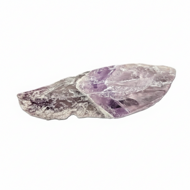 A raw, polished amethyst crystal  with natural rough edges and visible purple and white crystalline patterns, isolated on a white background.