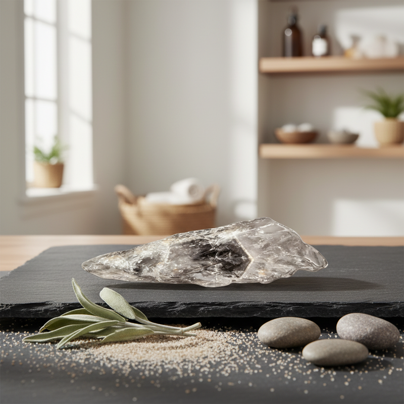 Amethyst shard on a dark slate board, surrounded by small beige grains, green leaves, and smooth gray stones, with a softly blurred bathroom or spa room background.