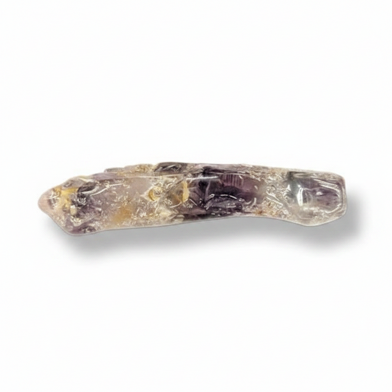 A natural amethyst crystal point with visible purple and yellow inclusions, shown on a clean white background with a soft drop shadow.