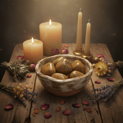 Decorative setting with candles, a bowl of stones, and dried flowers on a wooden surface.