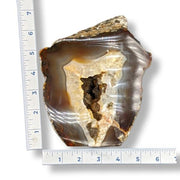 Geode with a natural pattern on a white background with a ruler for scale.