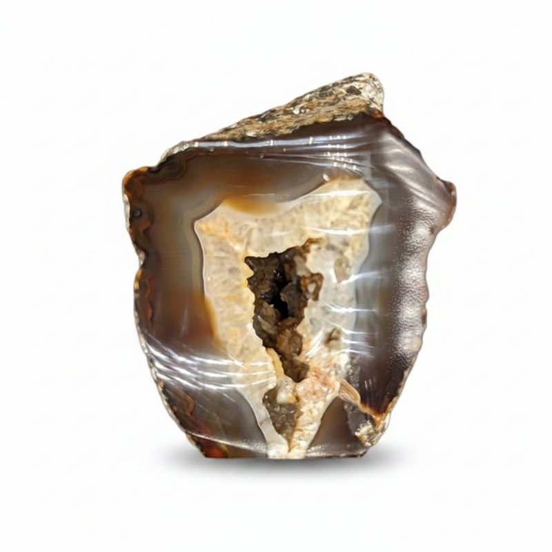 A polished natural agate geode slice with a dark brown outer rind, a creamy off-white interior, and a small dark cavity, shown on a plain white background.