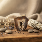 A polished agate geode with layered brown, gray, and cream bands, displayed on a wooden surface with smooth stones, dried lavender, white baby's breath, and a white sage bundle against a soft beige fabric backdrop.