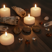 Tiger's eye worry stones on a table with tea lights , sage and crystals