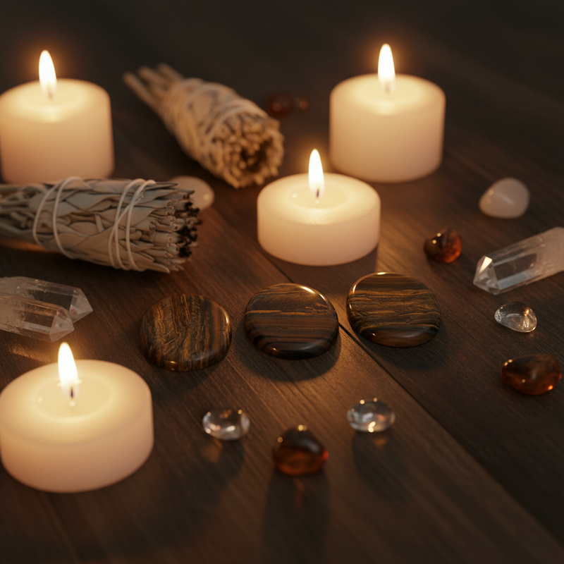 Tiger's eye worry stones on a table with tea lights , sage and crystals