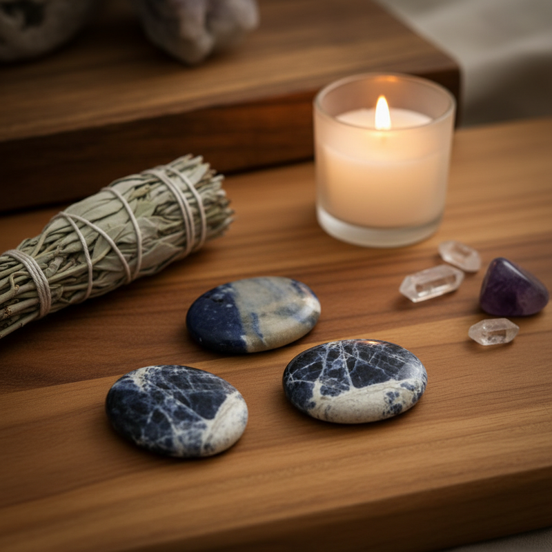 Sodalite worry stones on a table with sage, crystals and a candle