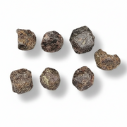 Rough garnet pieces arranged on a plain white background with soft drop shadows.