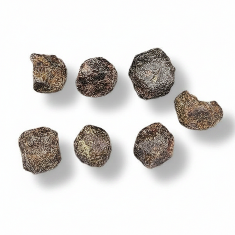Rough garnet pieces arranged on a plain white background with soft drop shadows.
