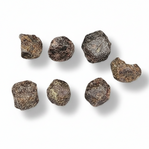 Rough garnet pieces arranged on a plain white background with soft drop shadows.