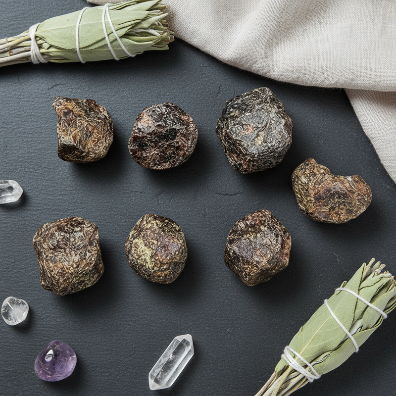 Rough garnet pieces arranged on a dark slate surface, with two tied sage bundles, clear crystal points, and a cream cloth in the frame.
