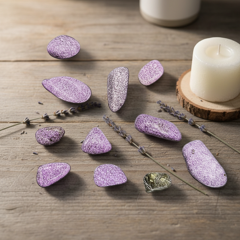 Stitchite tumbled on a wooden table with candles, lavender