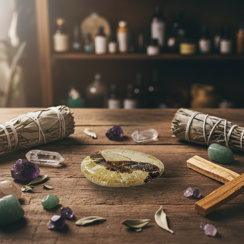 A septarian stone on a wooden table surrounded by sage, palo santo and herbs 