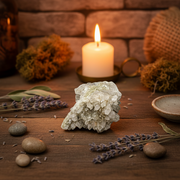 A smokey quartz cluster on a wooden table with a candle and herbs.