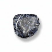 A polished tumbled dark blue stone with white and gray crystalline veins, shown on a clean white background with a soft drop shadow.