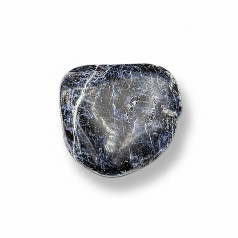 A polished tumbled dark blue stone with white and gray crystalline veins, shown on a clean white background with a soft drop shadow.