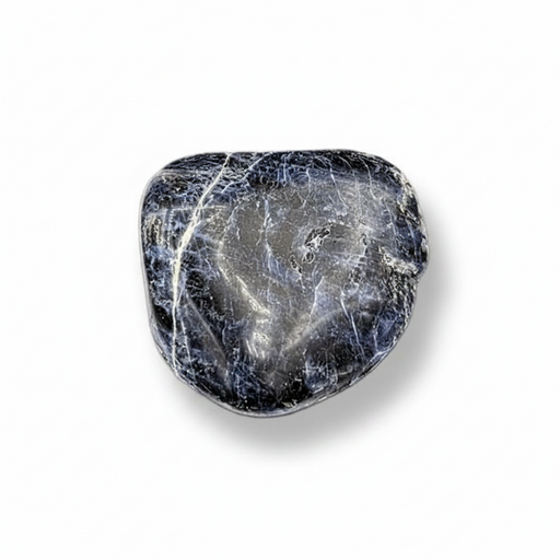 A polished tumbled dark blue stone with white and gray crystalline veins, shown on a clean white background with a soft drop shadow.