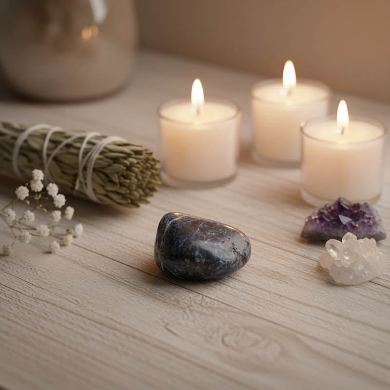 A styled tabletop scene with a sodalite polished stone in the foreground, a smudge bundle, small white flowers, crystal clusters, and three lit tealight candles on a light wood surface.