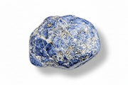 A polished blue stone with prominent white  veining, photographed on a clean white background with a soft drop shadow.