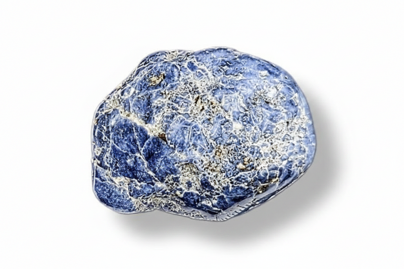 A polished blue stone with prominent white  veining, photographed on a clean white background with a soft drop shadow.
