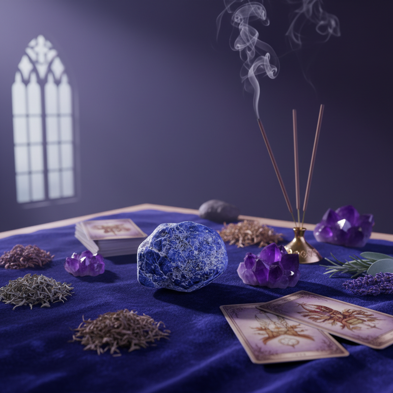 A styled altar-like tabletop scene with tarot cards, a blue sodalite crystal, purple amethyst crystals, incense sticks in a brass holder, dried herbs, and a dark purple velvet cloth under a soft window glow.