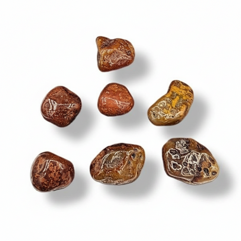 Carnelian tumbled stones on a white background