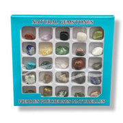 A box containing 20 different varieties of tumbled gemstones, each in individual transparent plastic cases, arranged in rows with different colors visible.
