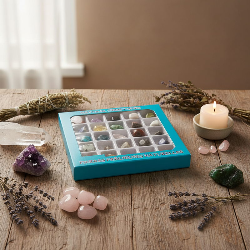 A variety of 20 different gems stone in a box