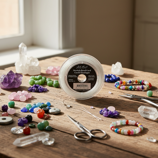 A spool of clear craft cord or thread sits on a wooden table surrounded by colorful beads, crystals, small scissors, and other jewelry-making tools in a softly lit indoor setting.