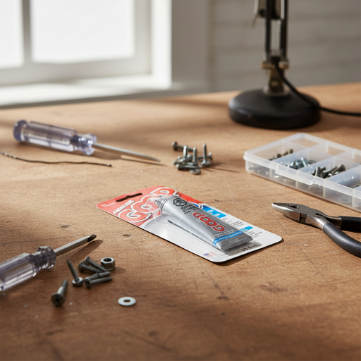 A tube of amazing goop adhesive in its retail packaging lies on a wooden workbench surrounded by screws, pliers, a screwdriver, and a small plastic tray of fasteners.