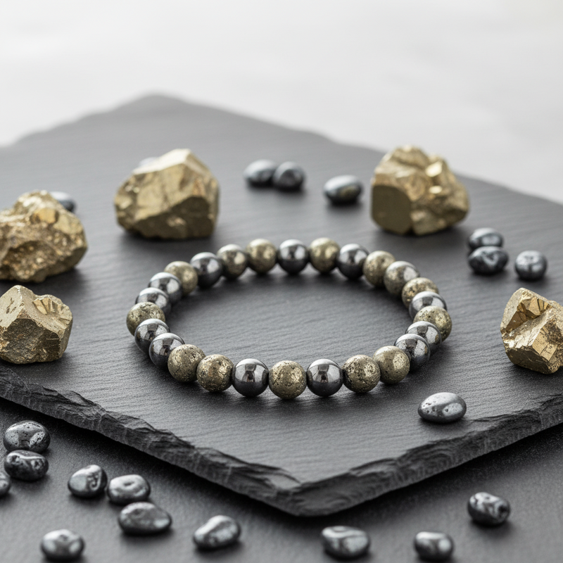 A beaded stretch bracelet made of metallic gold and dark gray beads, displayed on a dark slate tray surrounded by gold-colored mineral rocks.