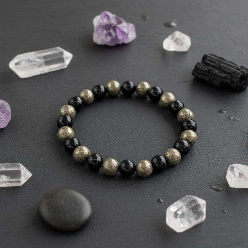 A beaded stretch bracelet made of alternating black and metallic gold beads, displayed on a dark slate surface surrounded by crystals and stones.