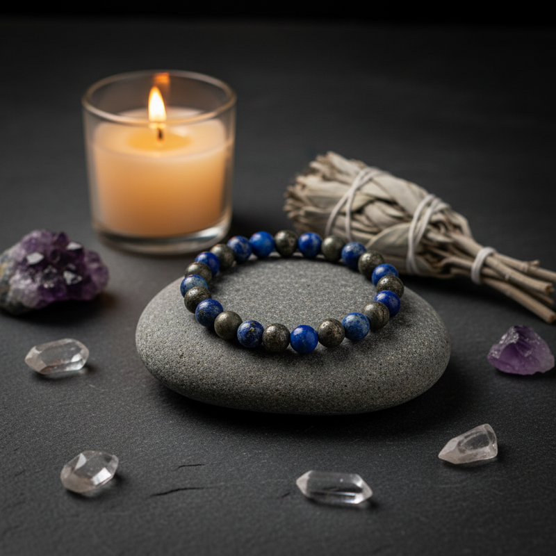 A beaded bracelet made of blue and gray round beads sits on a smooth gray stone, styled with a lit candle, a smudge bundle, crystals, and a purple cluster on a dark surface.