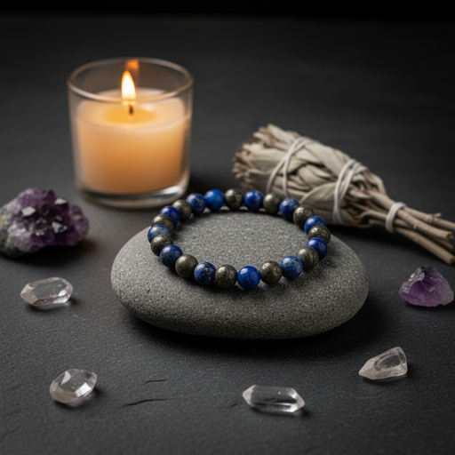 A beaded bracelet made of blue and gray round beads sits on a smooth gray stone, styled with a lit candle, a smudge bundle, crystals, and a purple cluster on a dark surface.