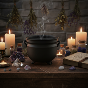 Witchcraft setup with a cauldron, candles, and crystals on a wooden table.