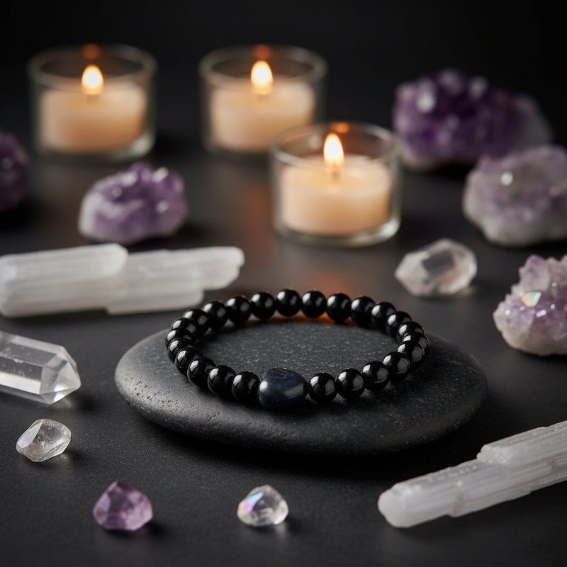 A black beaded bracelet with a dark blue-gray central bead, displayed on a dark stone plate with candles, crystals, and white quartz points around it.