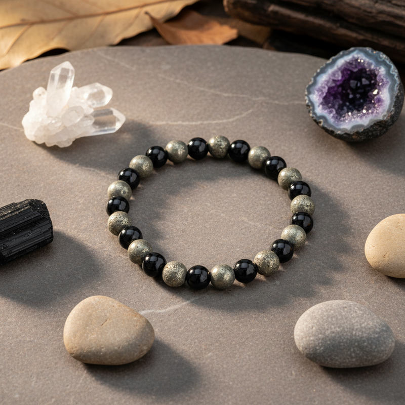 A beaded stretch bracelet made of alternating polished black and metallic gold-toned round beads, displayed on a gray stone surface with decorative stones and crystals around it.