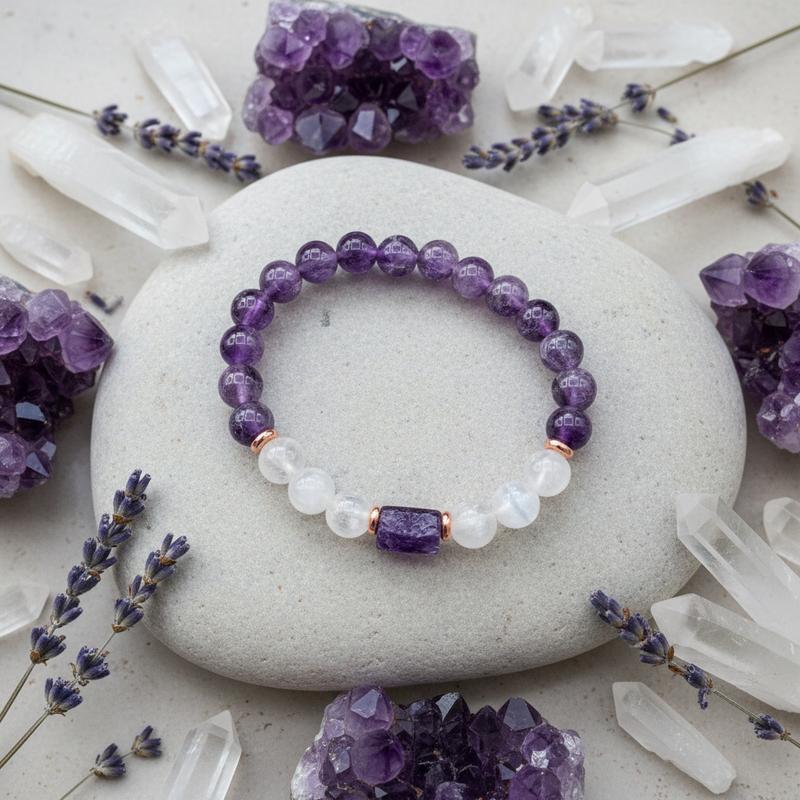 Purple beaded bracelet on a white stone surrounded by crystals and lavender flowers
