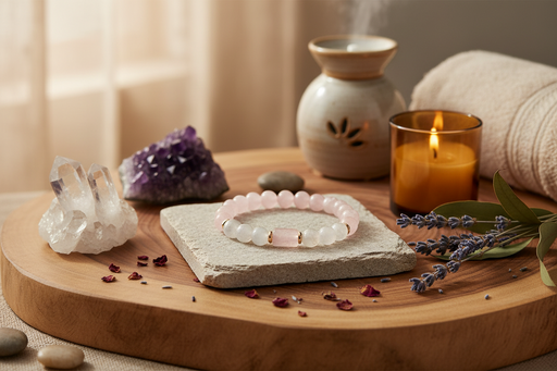 A pink and white beaded bracelet rests on a square stone slab on a round wooden tray, styled with crystals, a lit candle, a ceramic diffuser, and dried lavender sprigs.