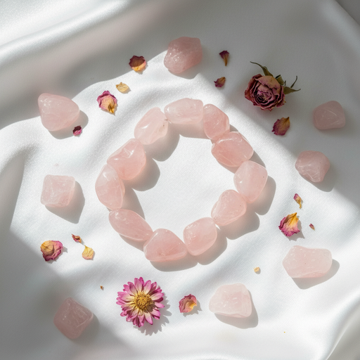 Rose quartz bracelet on a white fabric background with scattered rose petals and flowers.