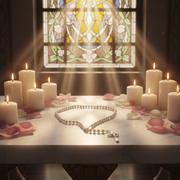 Candles arranged on a table in front of a stained glass window, with a rosary in the center.